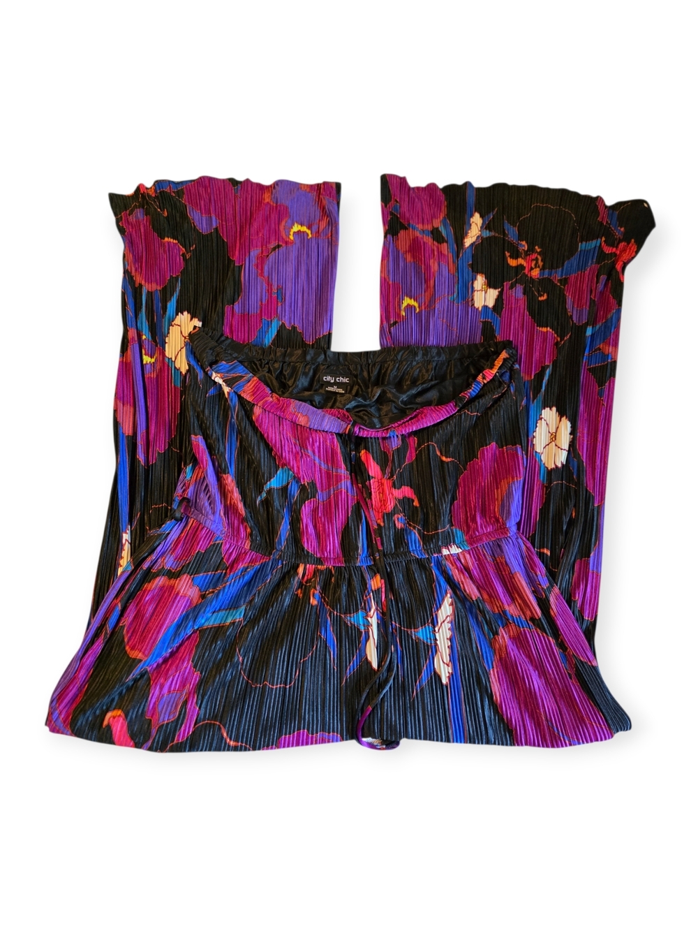 City Chic Black Floral Pleated Off-Shoulder Top - Purple, Blue & Pink Print